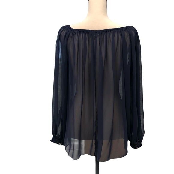 VIE TA VIE NAVY SALLY BLOUSE OFF-THE-SHOULDER SEMI SHEER TOP WITH SCARF/BELT - Picture 8 of 14